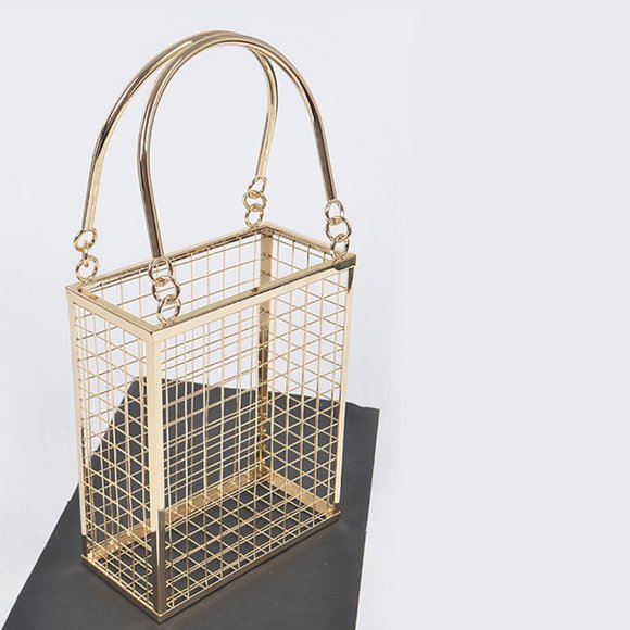 Gold Caged Metal Framed Top Handel Handbag - Picture 3 of 7